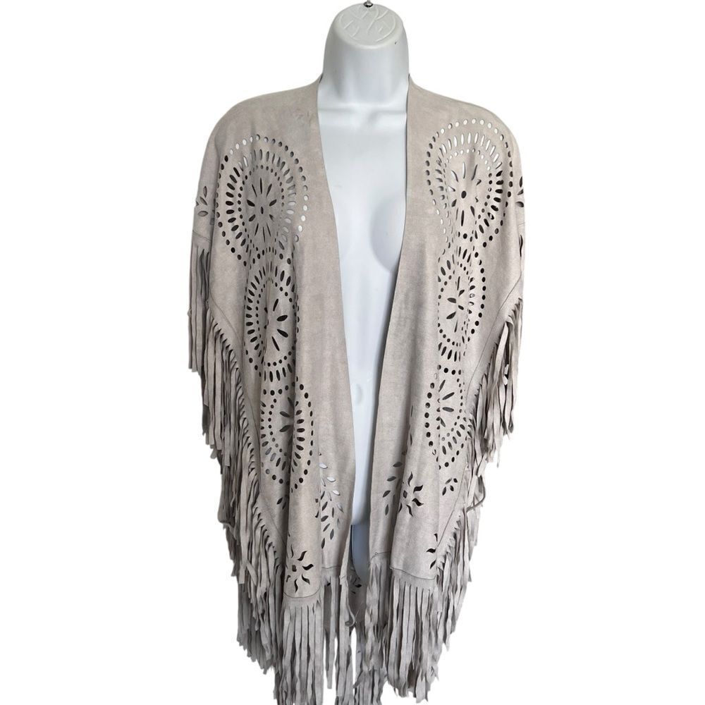 Bohemian Taupe Fringe Cardigan with Laser-Cut Design One Size
